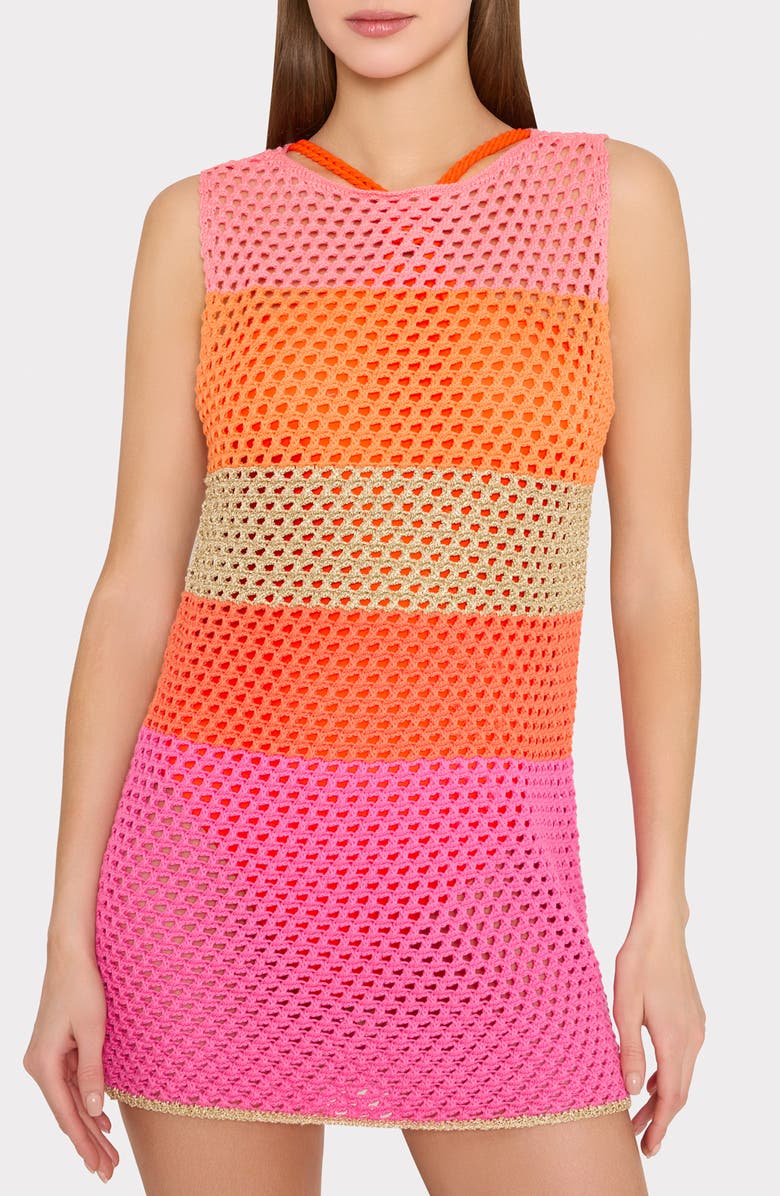 Milly Metallic Stripe Sheer Cotton Blend Open Stitch Cover-Up Minidress, Alternate, color, 