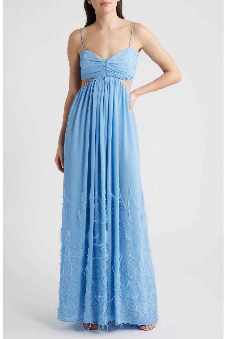 Eli Cutout Feather Trim Gown, Main, color, BABY BLUE