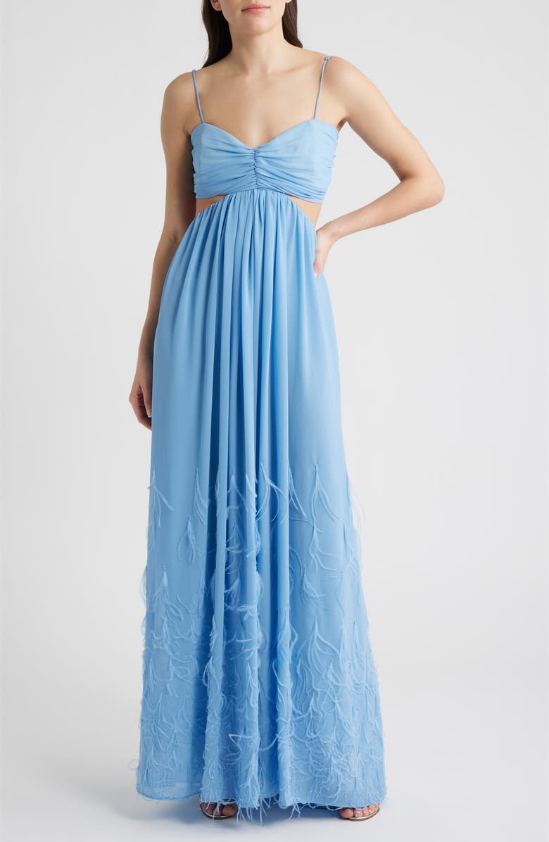 Delfi Collective Eli Cutout Feather Trim Gown, Main, color, Baby Blue