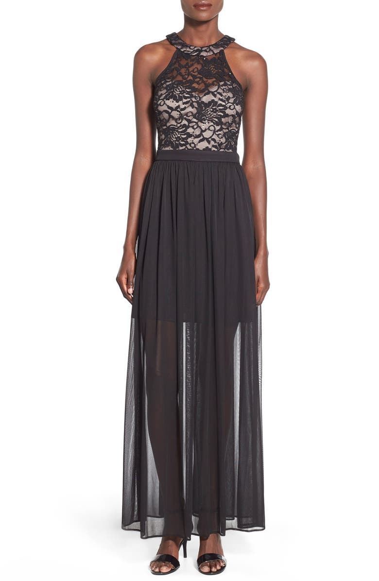 Morgan & Co. Lace Halter Chiffon Maxi Dress, Main, color, 