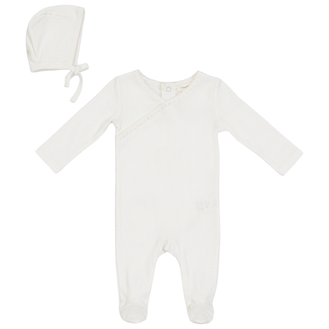Powder Contrast-Trim Long-Sleeve Romper and Bonnet Set
