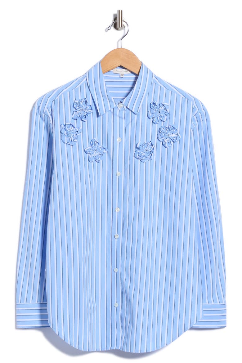 Priya Cotton Poplin Shirt with Floral Appliqu, Alternate, color, BLUE STRIPE