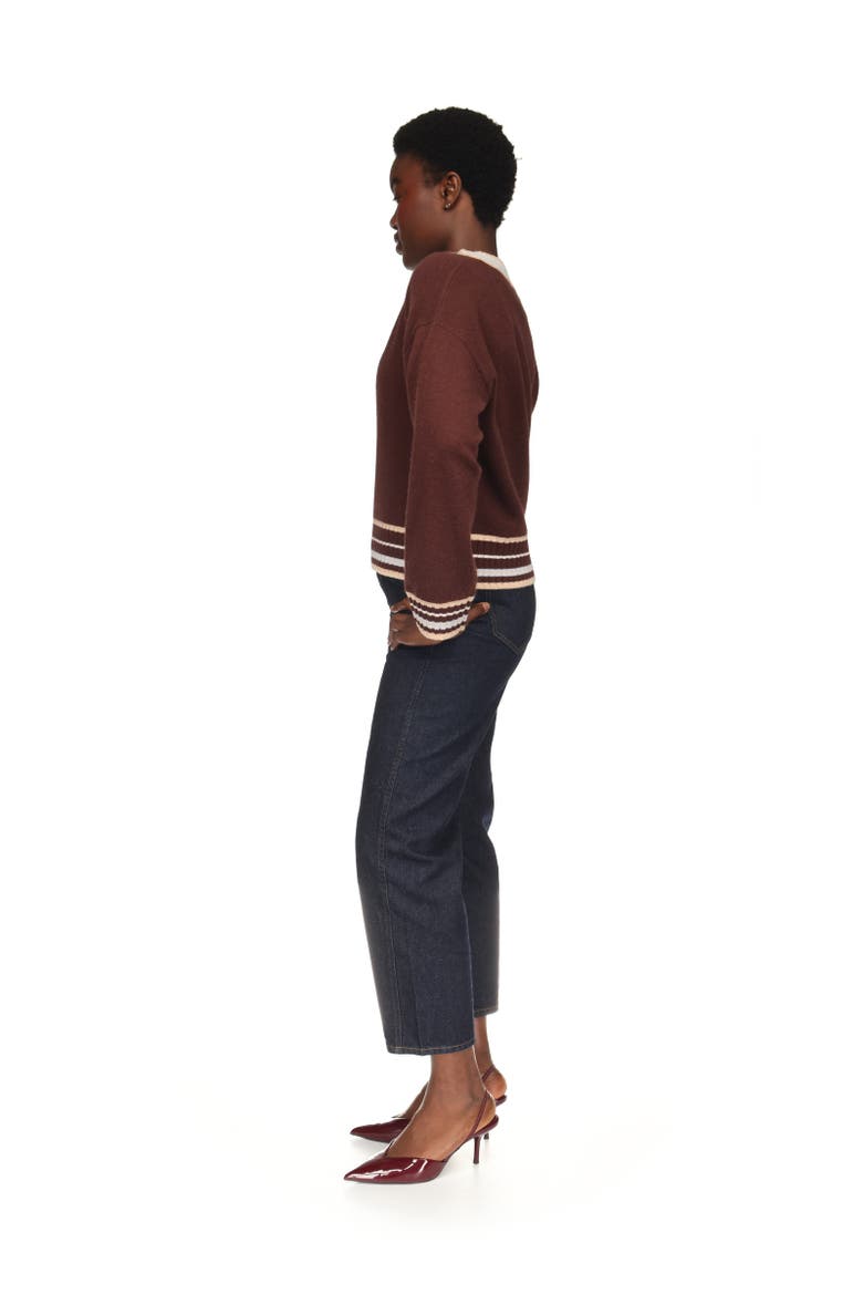 Stitchy Trim V-Neck Sweater, Alternate, color, Cocoa
