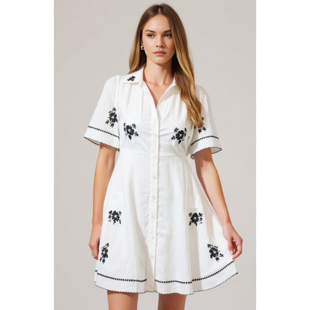 Modenaire Scalloped Trim Short-sleeve Button-front Embroidered Shirt Dress In Multi