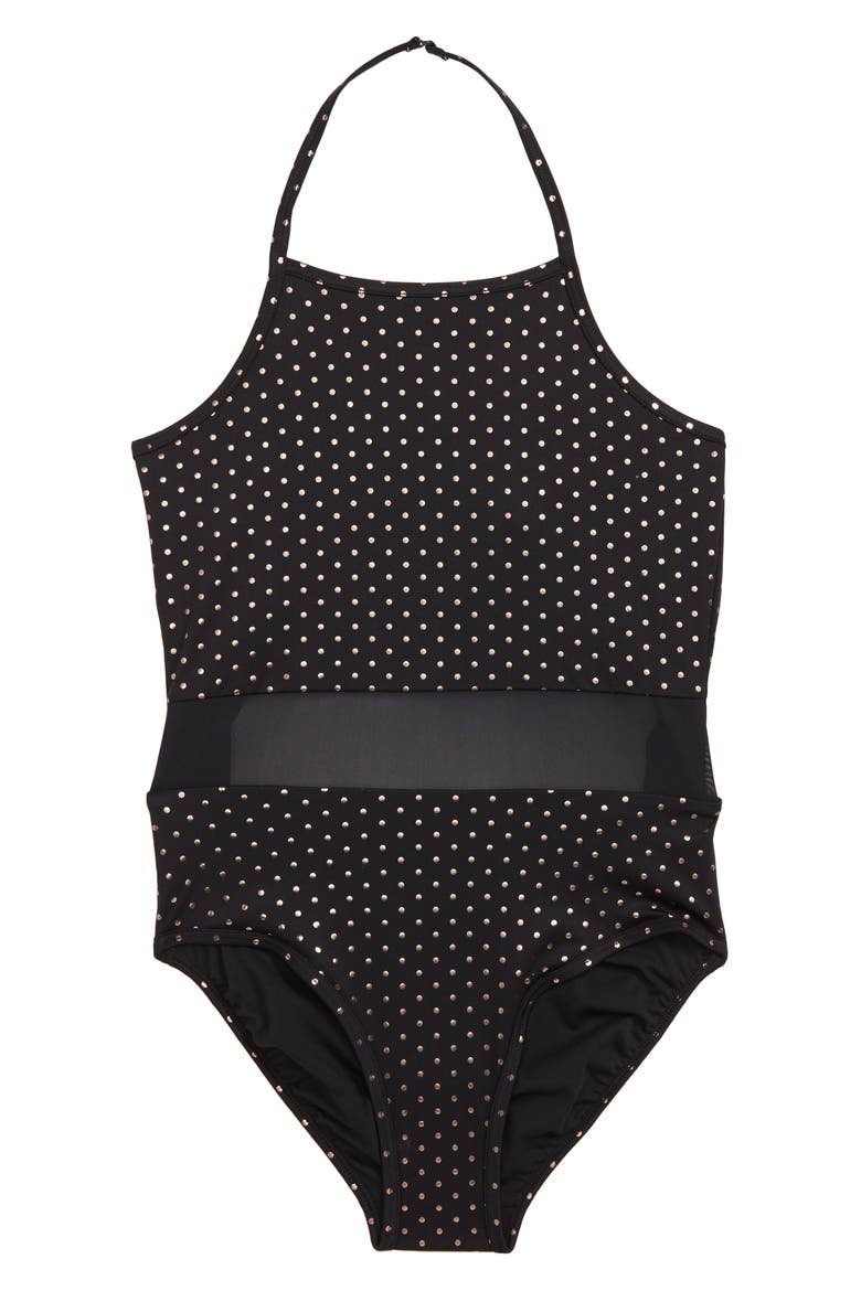 Horizon Mesh Inset One-Piece Swimsuit, Main, color, BLACK- GOLD MINI DOT