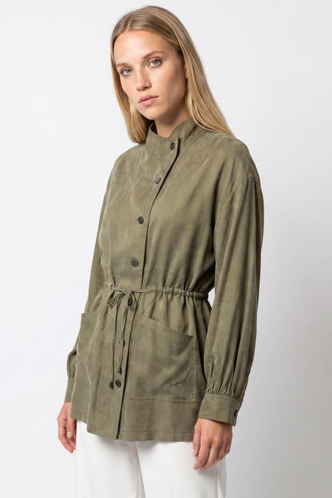 Stand Collar Cupra Jacket With Drawstring Waist