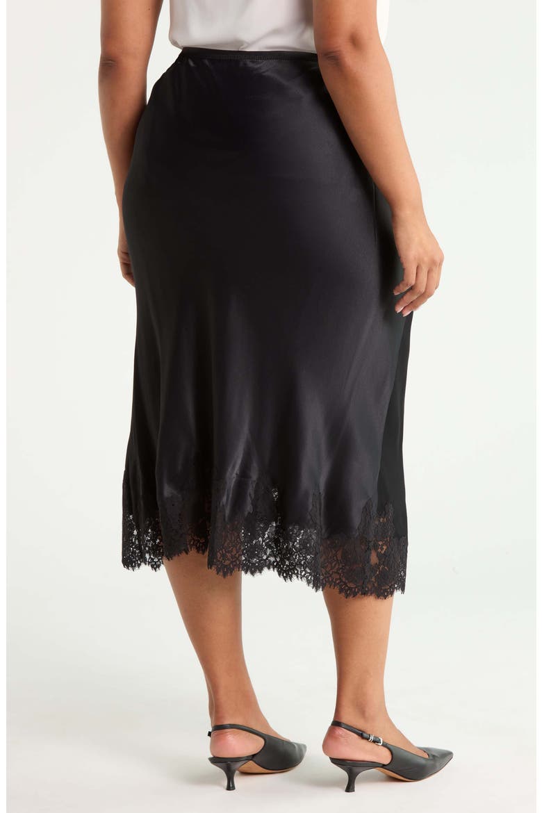 Lace Trim Satin Midi Skirt, Alternate, color, BLACK
