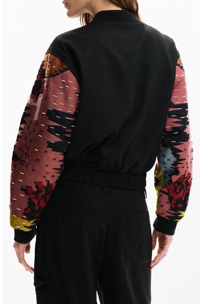 Bead Detail Mixed Media Bomber Jacket, Alternate, color, BLACK