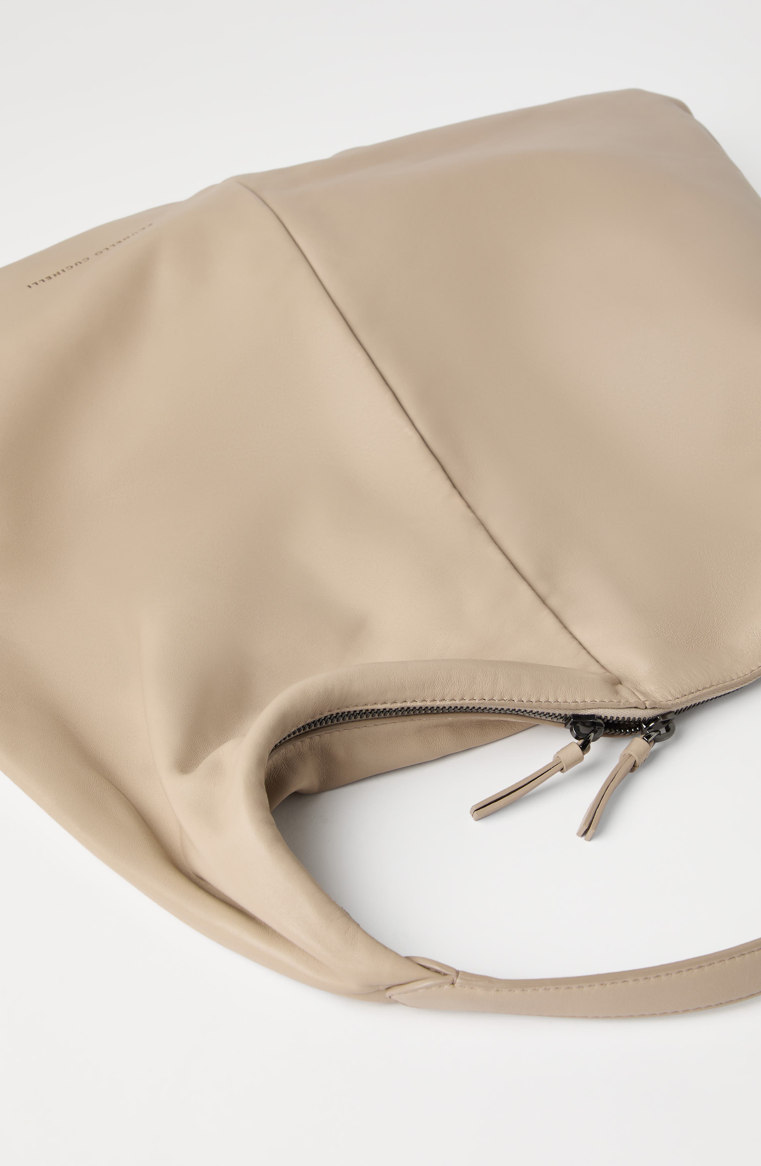 Brunello Cucinelli Nappa leather Hobo Swing bag, Alternate, color, Beige