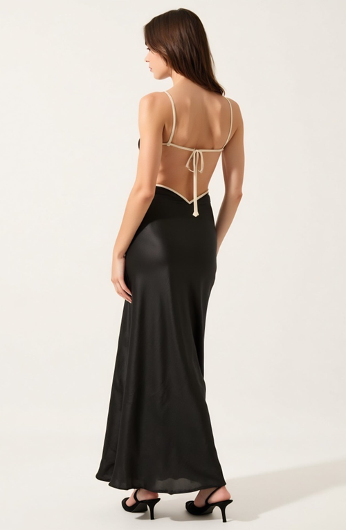Modenaire Satin Maxi Dress With Cutout Trim And Open Back In Black