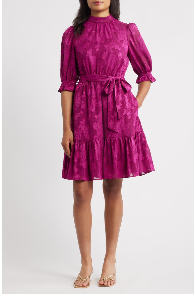 Floral Jacquard Metallic Stripe Chiffon Dress, Main, color, FUCHSIA