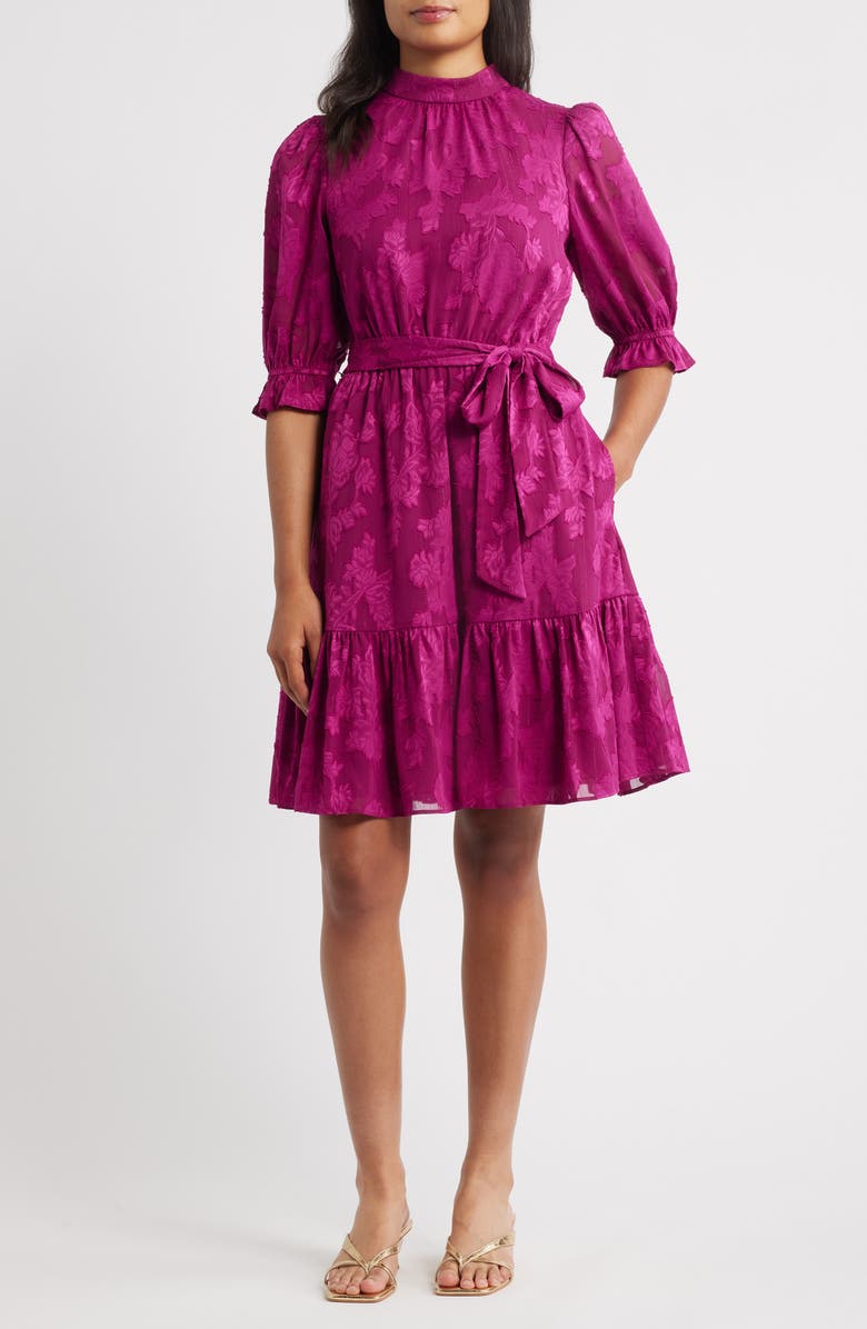 Eliza J Floral Jacquard Metallic Stripe Chiffon Dress, Main, color, Fuchsia