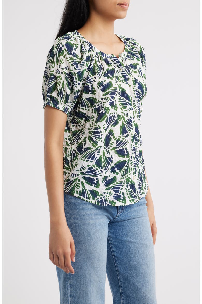 Abstract Print Puff Sleeve Button-Up Top, Alternate, color, NAVY/ GREEN