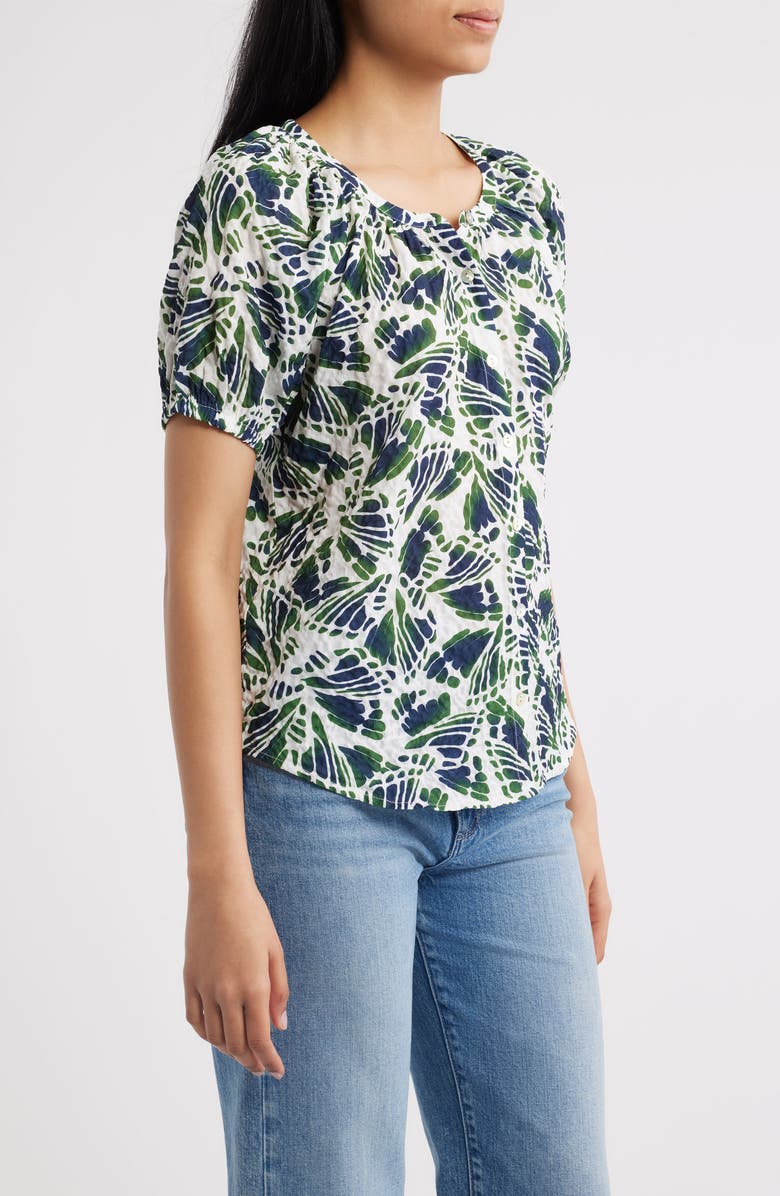 Bobeau Abstract Print Puff Sleeve Button-Up Top, Alternate, color, Navy/ Green