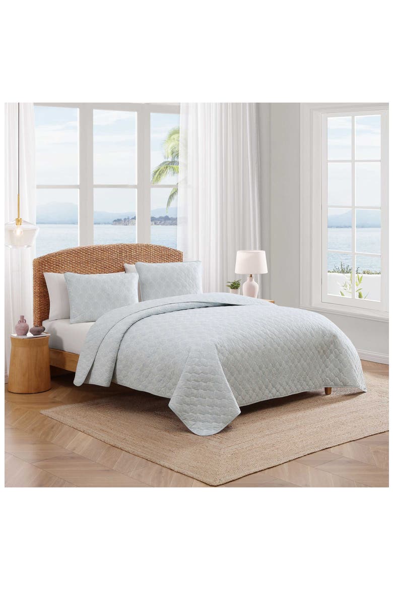 Line Palms Cotton Quilt & Sham Set, Alternate, color, WHITE/ BLUE MULTI
