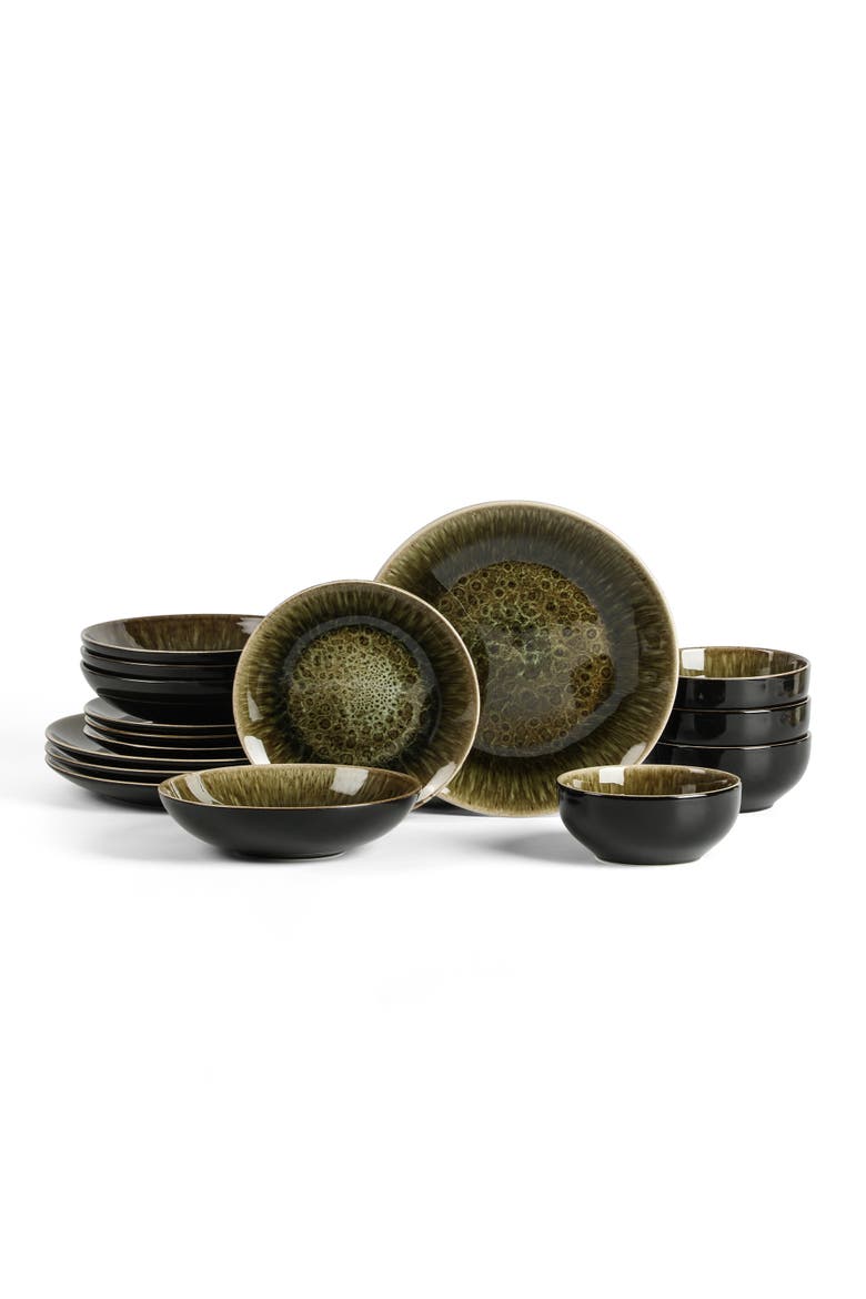 Riley 16-Piece Dinnerware Set Stoneware, Service for 4, Main, color, Black and Green