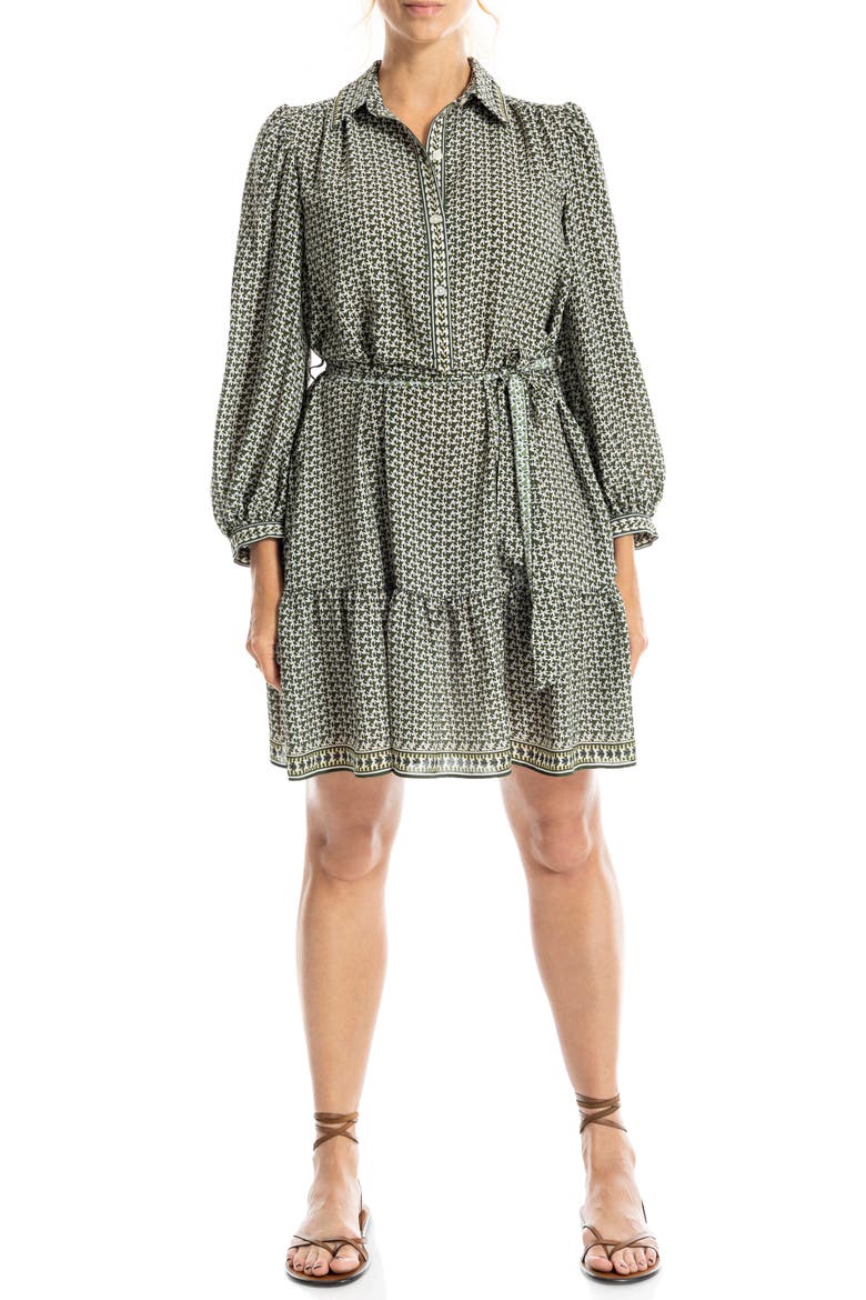Long Sleeve Button Front Crepe Dress, Main, color, CYPRESS/NAVY SMALL FLUTTERS WALTZ