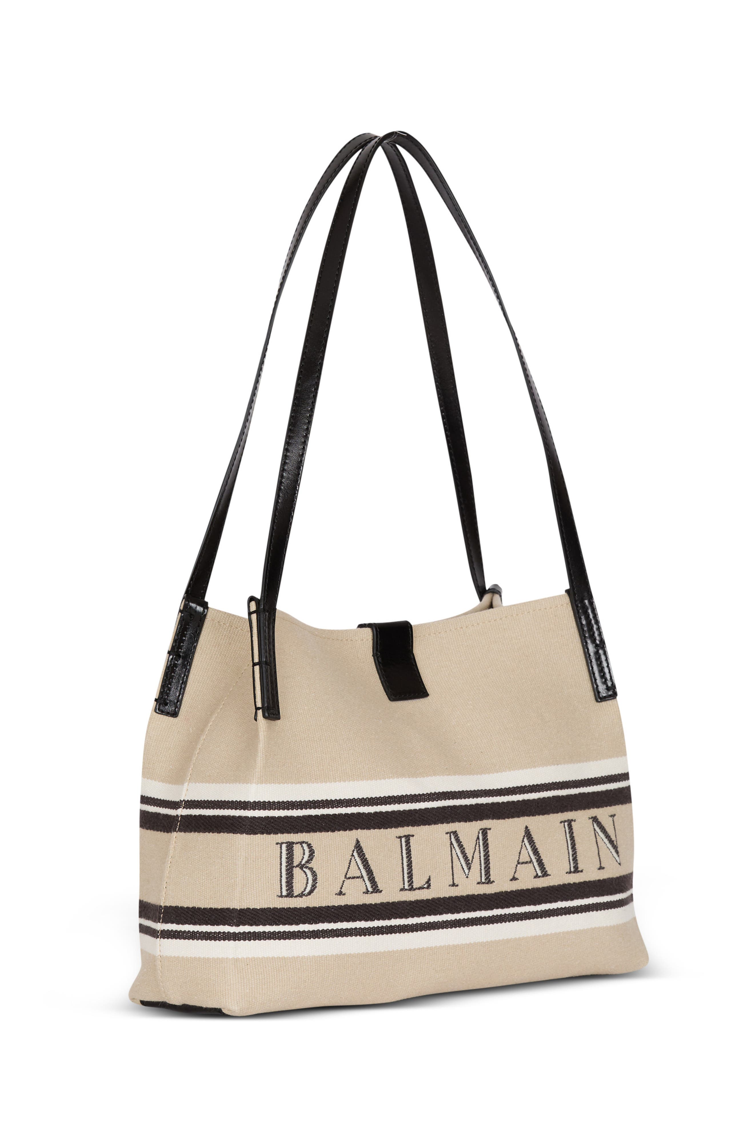 Balmain Small Release Shopper bag in canvas and calfskin, Alternate, color, Beige