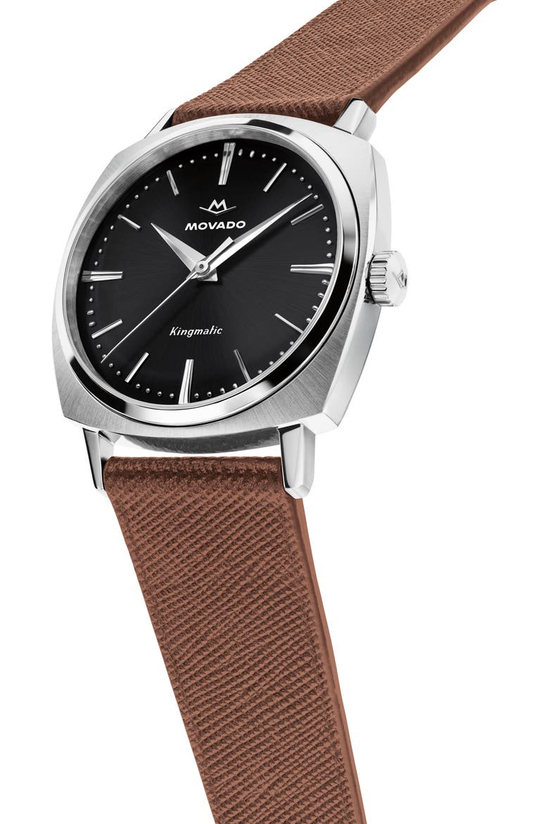 Kingmatic Automatic Leather Strap Watch, 35mm, Alternate, color, BLACK