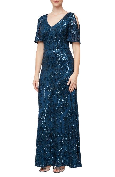 Sequin Lace Cold Shoulder Trumpet Evening Gown