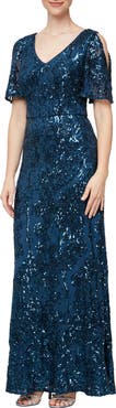 Alex Evenings Sequin Lace Cold Shoulder Trumpet Evening Gown