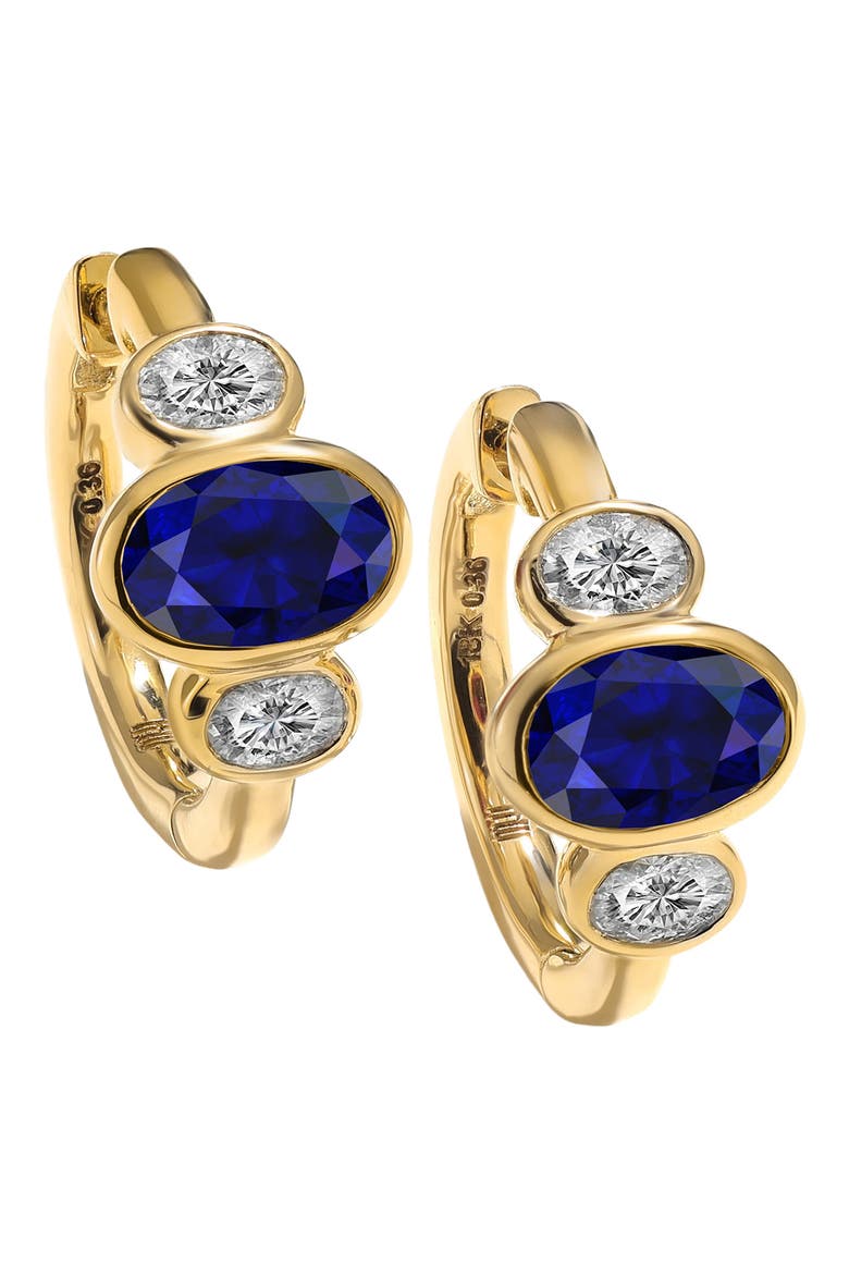 Three Stone Oval Cut Sapphire & Diamond Huggie Hoop Earrings, Main, color, SAPPHIRE