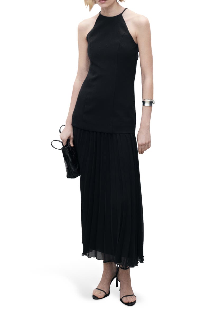 MANGO Mixed Media A-Line Maxi Dress, Main, color, Black
