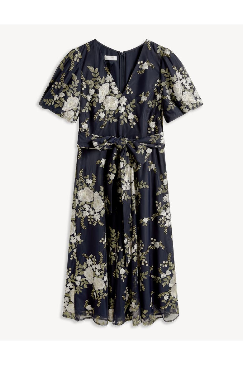 Ira Embroidered V-Neck Midi Dress, Alternate, color, Midnightivory