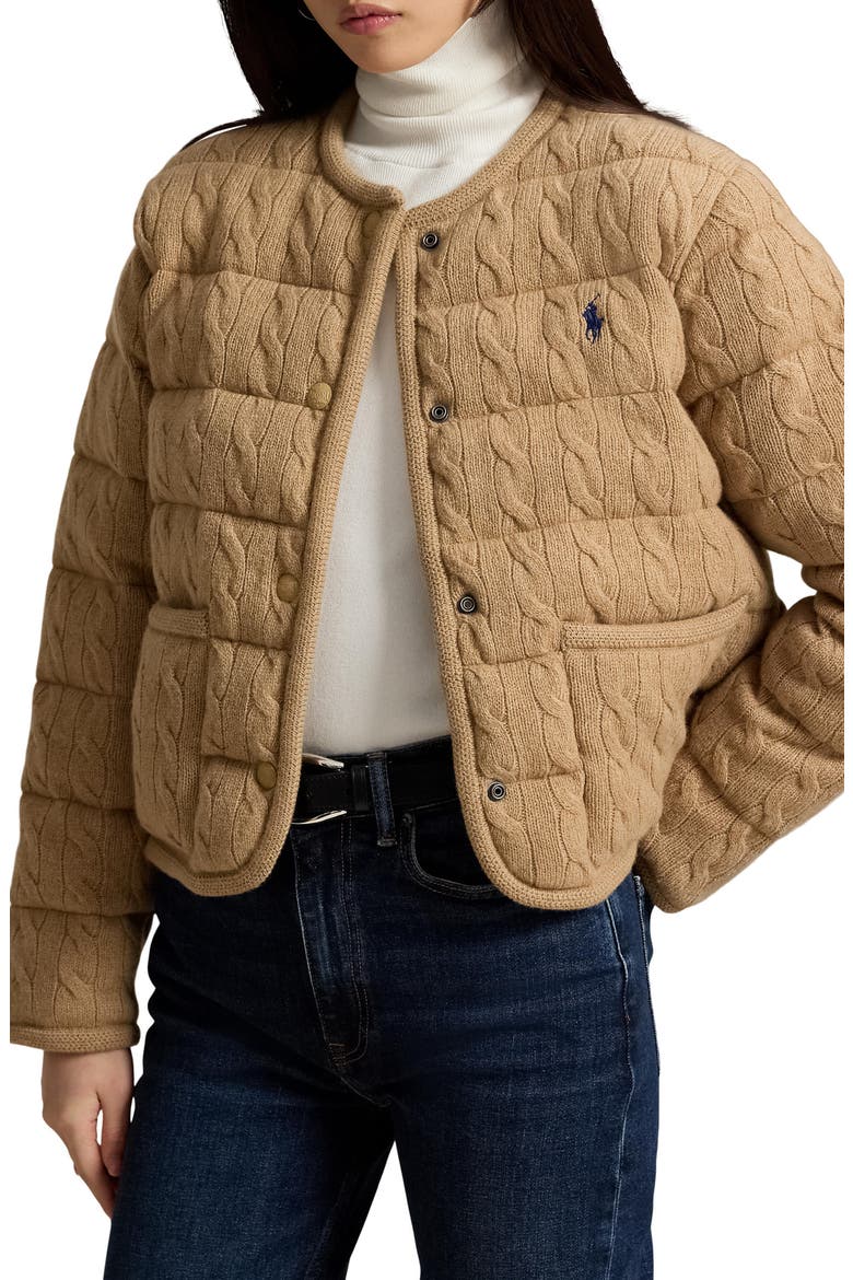 Padded Cable Stitch Wool & Cashmere Puffer Jacket, Main, color, COLLECTION CAMEL MELANGE