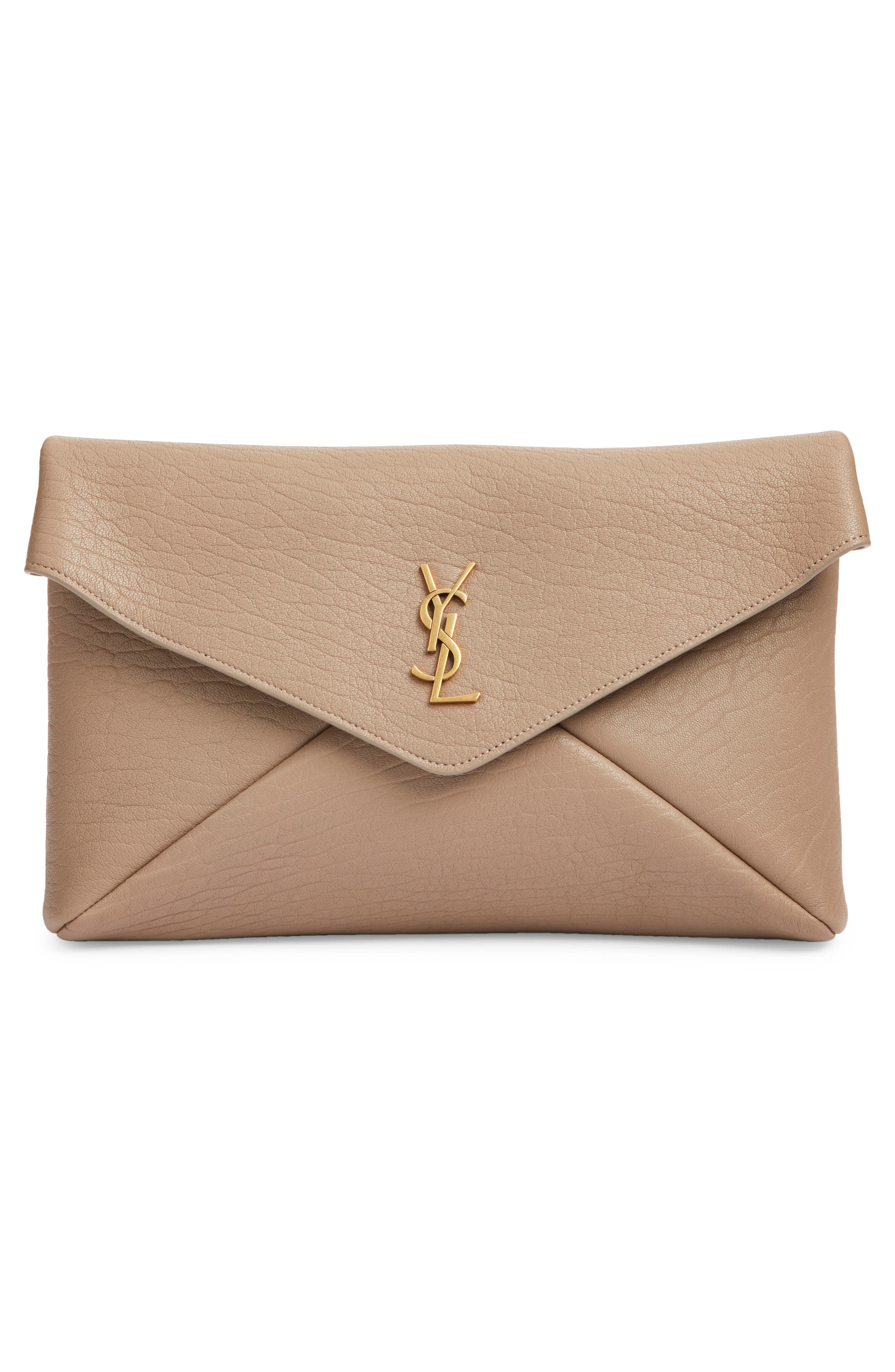 Saint Laurent Large Cassandre Leather Envelope Clutch, Main, color, Dusty Grey