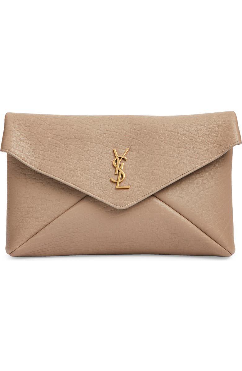 Saint Laurent Large Cassandre Leather Envelope Clutch, Main, color, Dusty Grey