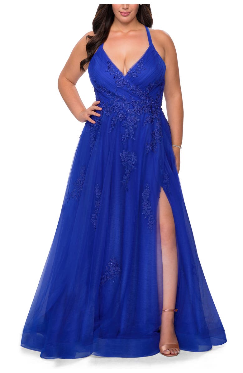 La Femme Plus Size A-line Tulle Dress with Floral Detailing, Main, color, Royal Blue
