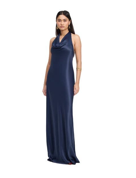 Elara Cowl Front Satin Maxi Dress