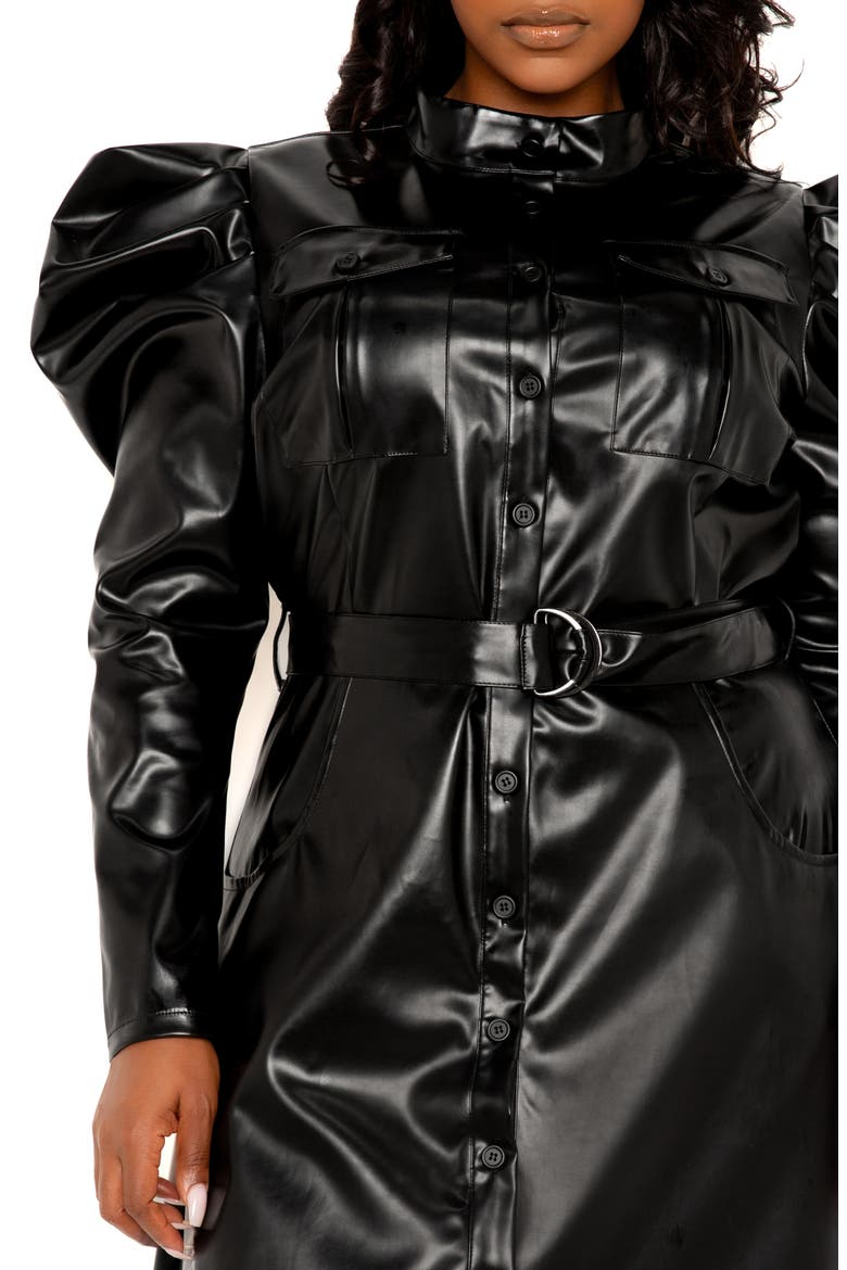 Puff Shoulder Long Sleeve Belted Faux Leather Shirtdress, Alternate, color, BLACK