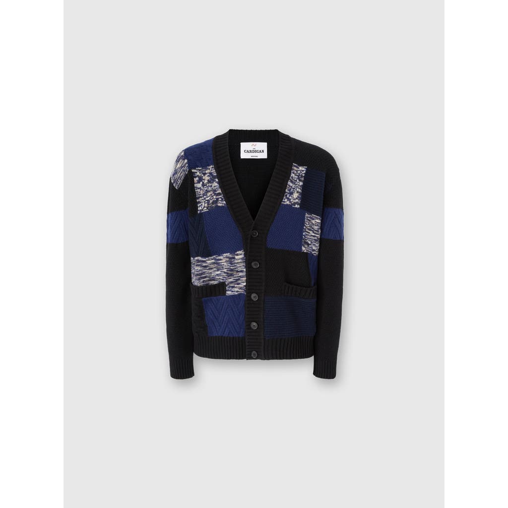 Missoni The Cardigan In Pure Wool With Flame And Zigzag Inserts In Blue