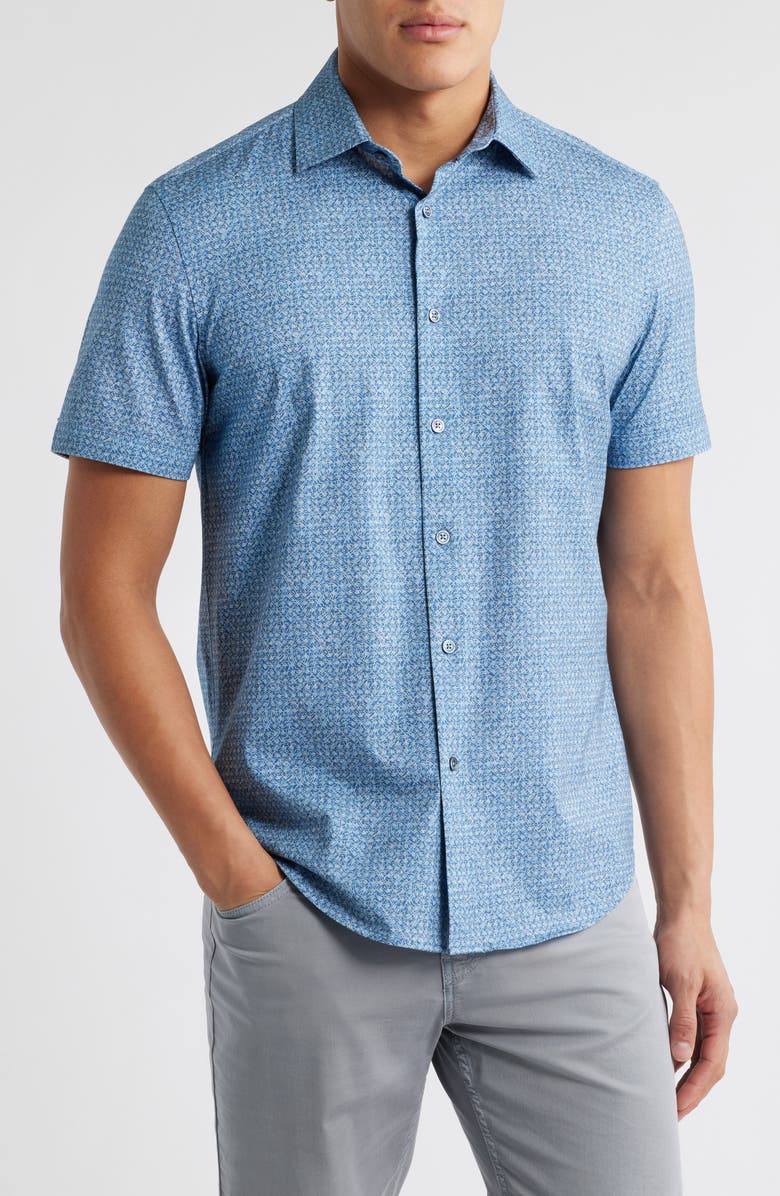 Bugatchi Miles OoohCotton<sup>®</sup> Abstract Print Short Sleeve Button-Up Shirt, Main, color, 