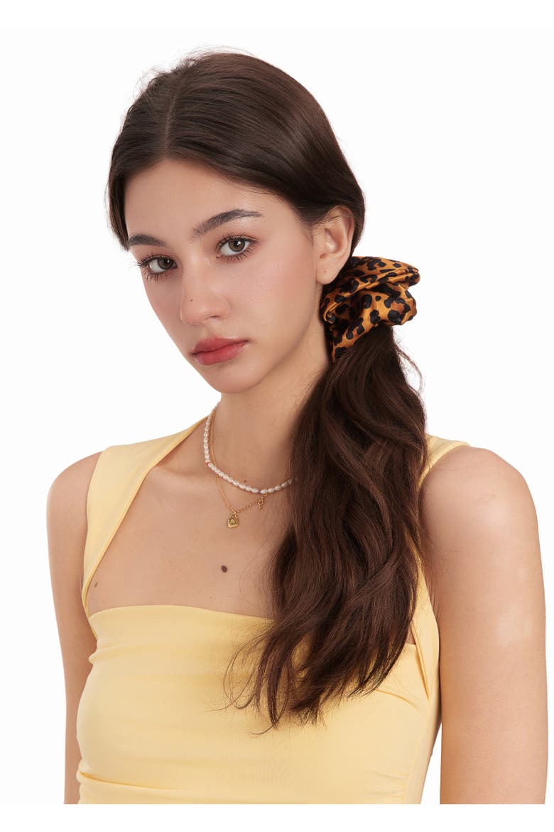 Leopard Silk Scunchie, Alternate, color, Brown