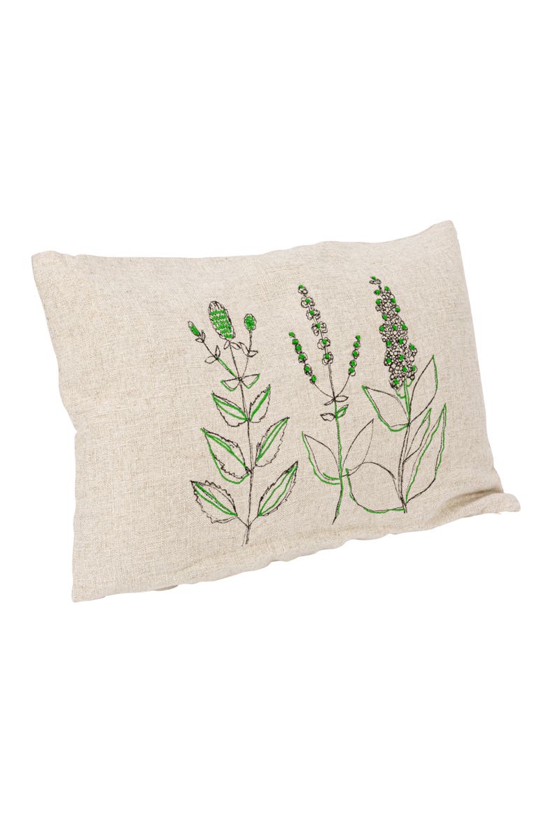 Storied Home 24 Inches Hand-Embroidered Linen Blend Printed Lumbar Pillow with Botanicals, Kantha Stitch, and Flanged Edge, Main, color, 