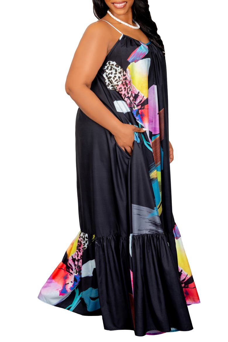 Floral Print Voluminous Maxi Dress, Alternate, color, BLACK MULTI