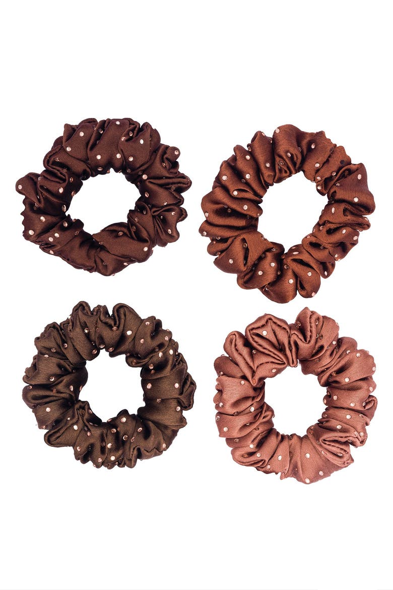 Luxury silk Scrunchies Set of 4 with Free Pouch - Brown Crystal Gift Set, Alternate, color, Brown