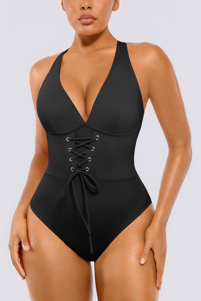 Plunge Lace-Up Tummy Control One-Piece Swimsuit, Alternate, color, Black