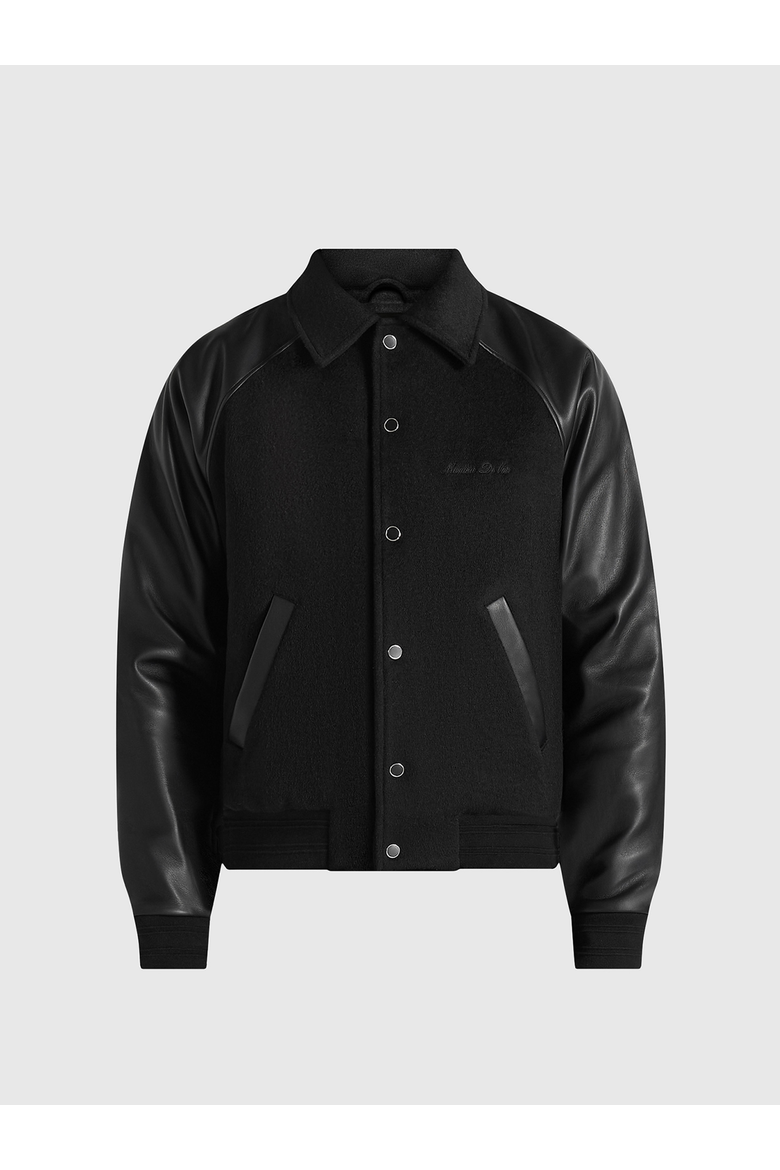 Olivier Wool & Leather Raglan Varsity Jacket, Alternate, color, Black