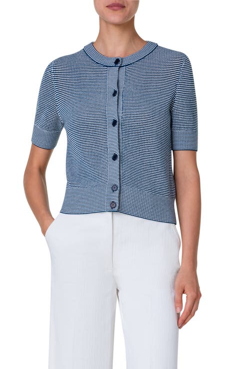 Stripe Short Sleeve Wool Mesh Stitch Cardigan