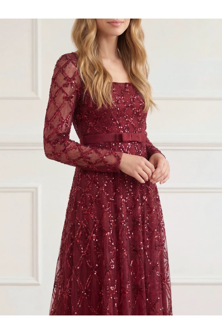Bow Lattice Long Sleeve Sequin Gown, Alternate, color, Garnet