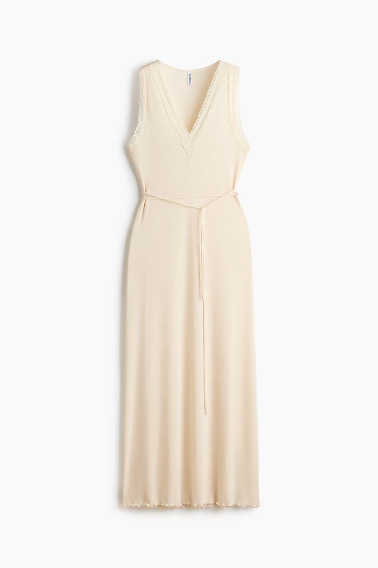 Lace-trimmed Tie-belt Dress, Alternate, color, Cream