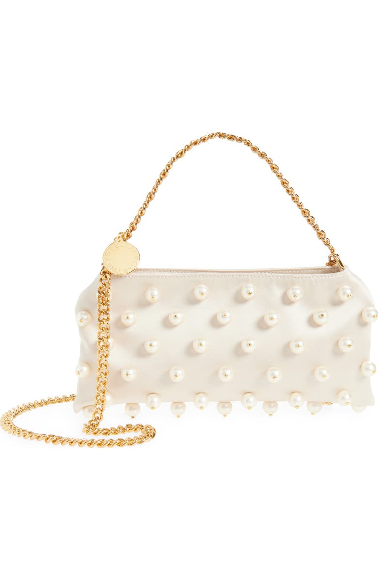 Stella McCartney Mini Falabella Pearly Bead Embellished Satin Evening Bag, Main, color, Pure White