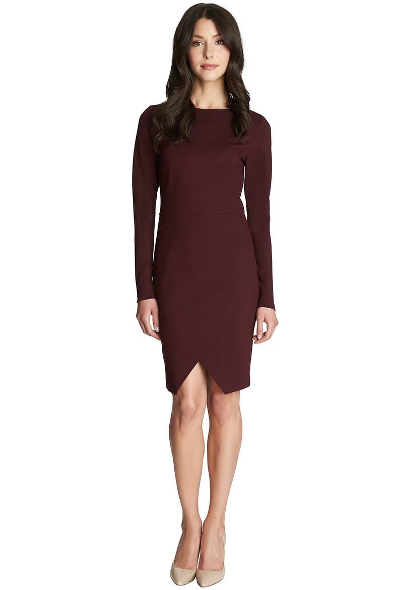 Ponte Tulip Hem Sheath Dress, Main, color, CHERRY NOIR