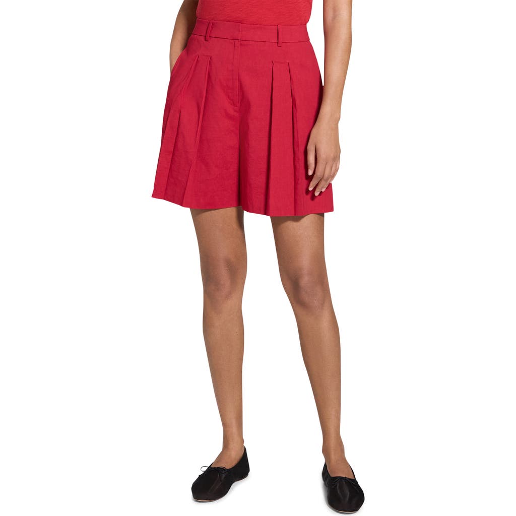 Theory Pleated Crunch Linen Shorts In Red