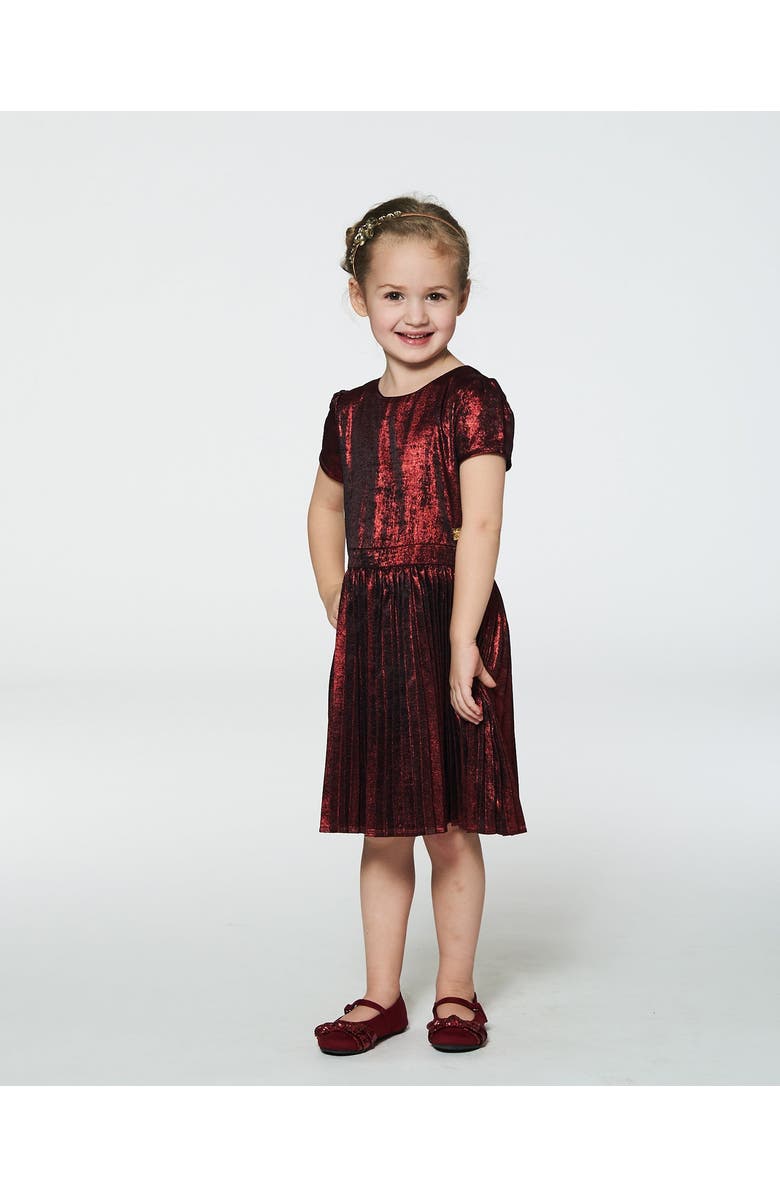 Deux par Deux Girl's Short Sleeve Dress With Pleated Skirt Metallic Red, Alternate, color,