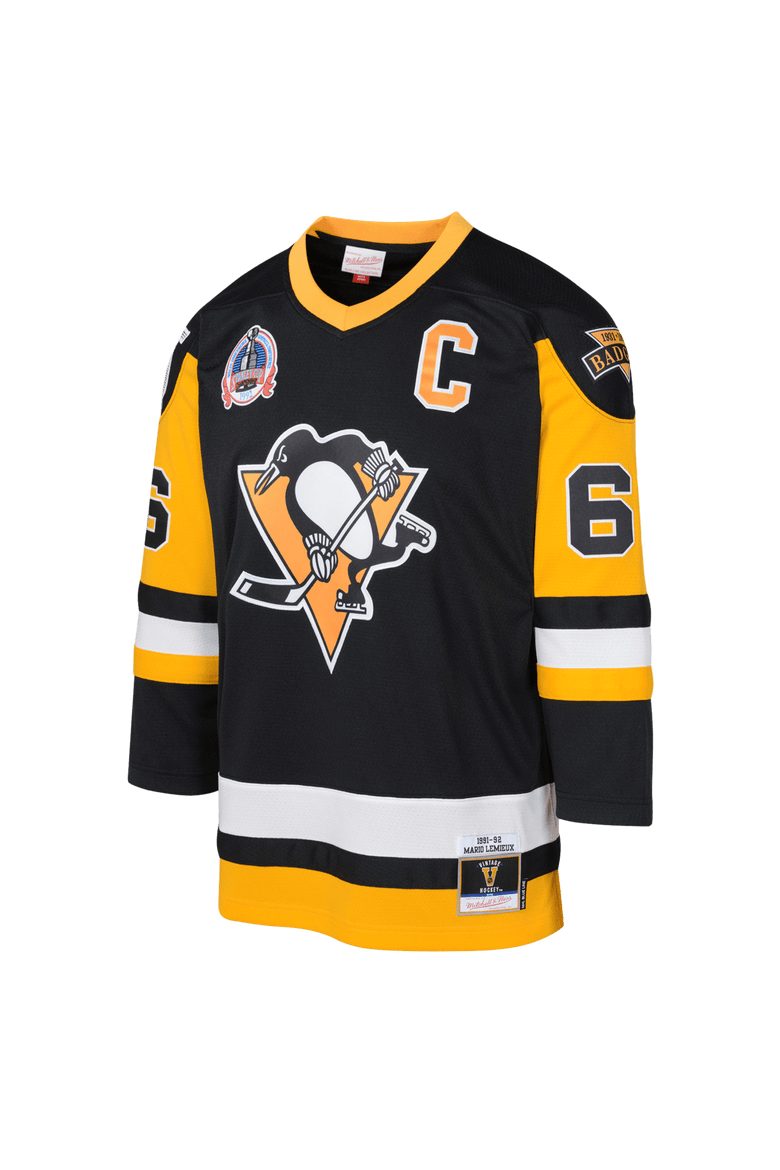 Youth Mitchell & Ness Mario Lemieux Black Pittsburgh Penguins 1991/92 Captain Patch Blue Line Player Jersey, Alternate, color, Black